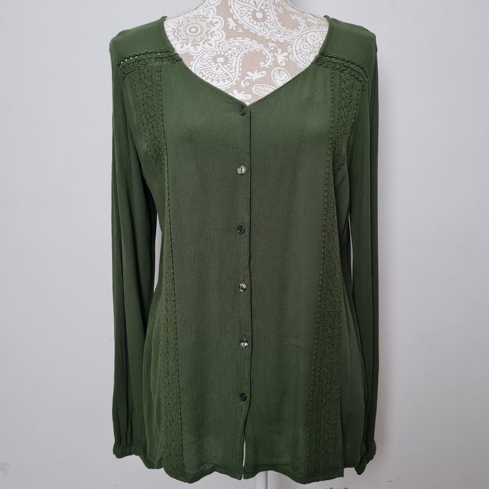 Lee Women's Front Button Lace Crochet Detail Longsleeves Green Size S